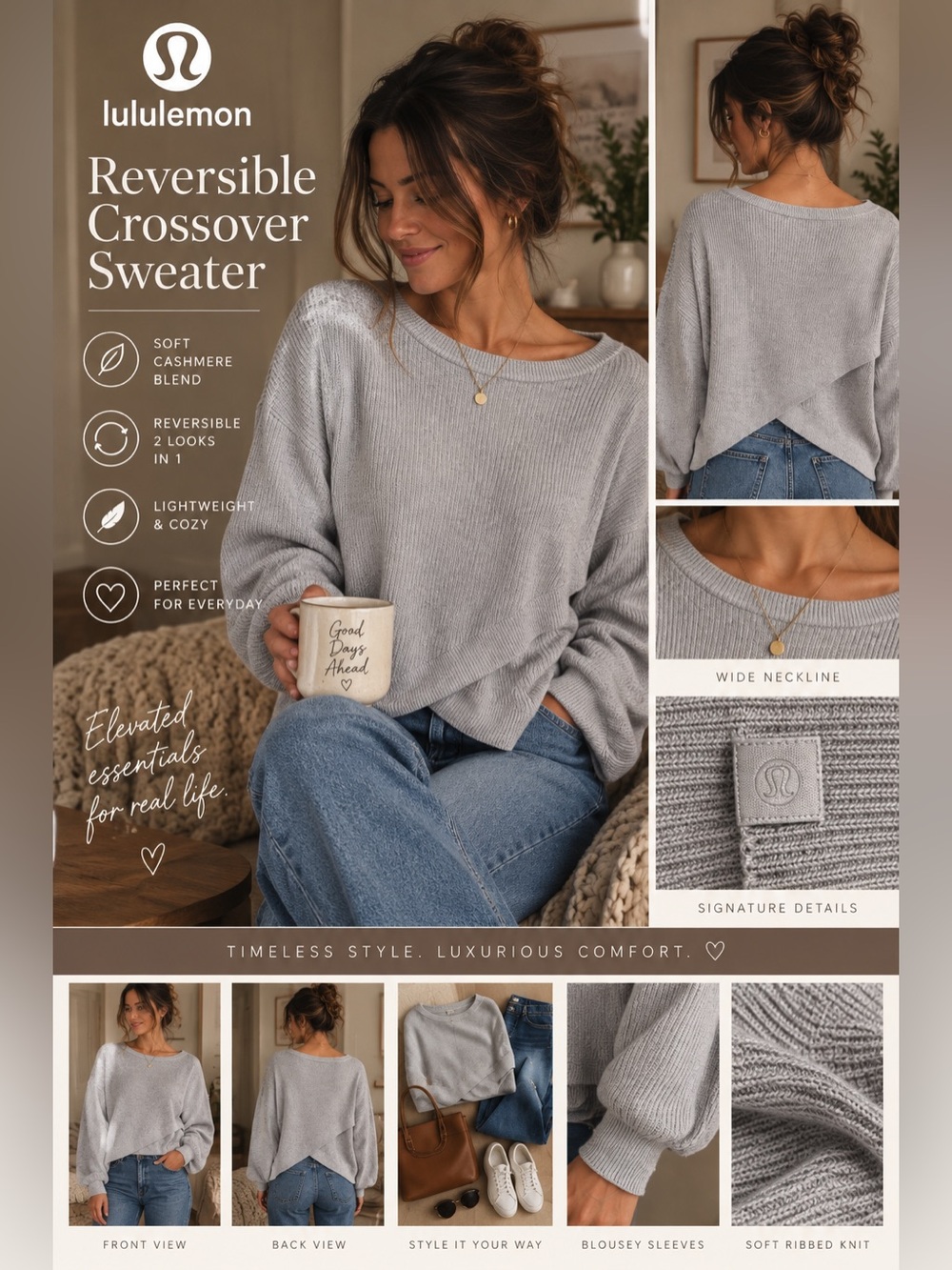 ✨Lululemon | Reversible | Crossover Sweater | Heathered Grey | Size 14 | W3EQNS